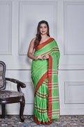 Morchari Green Cotton Handloom Mirror Work Saree Unstitched Blouse