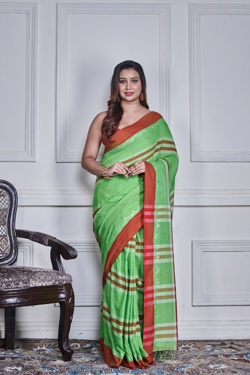 Morchari Green Cotton Handloom Mirror Work Saree Unstitched Blouse