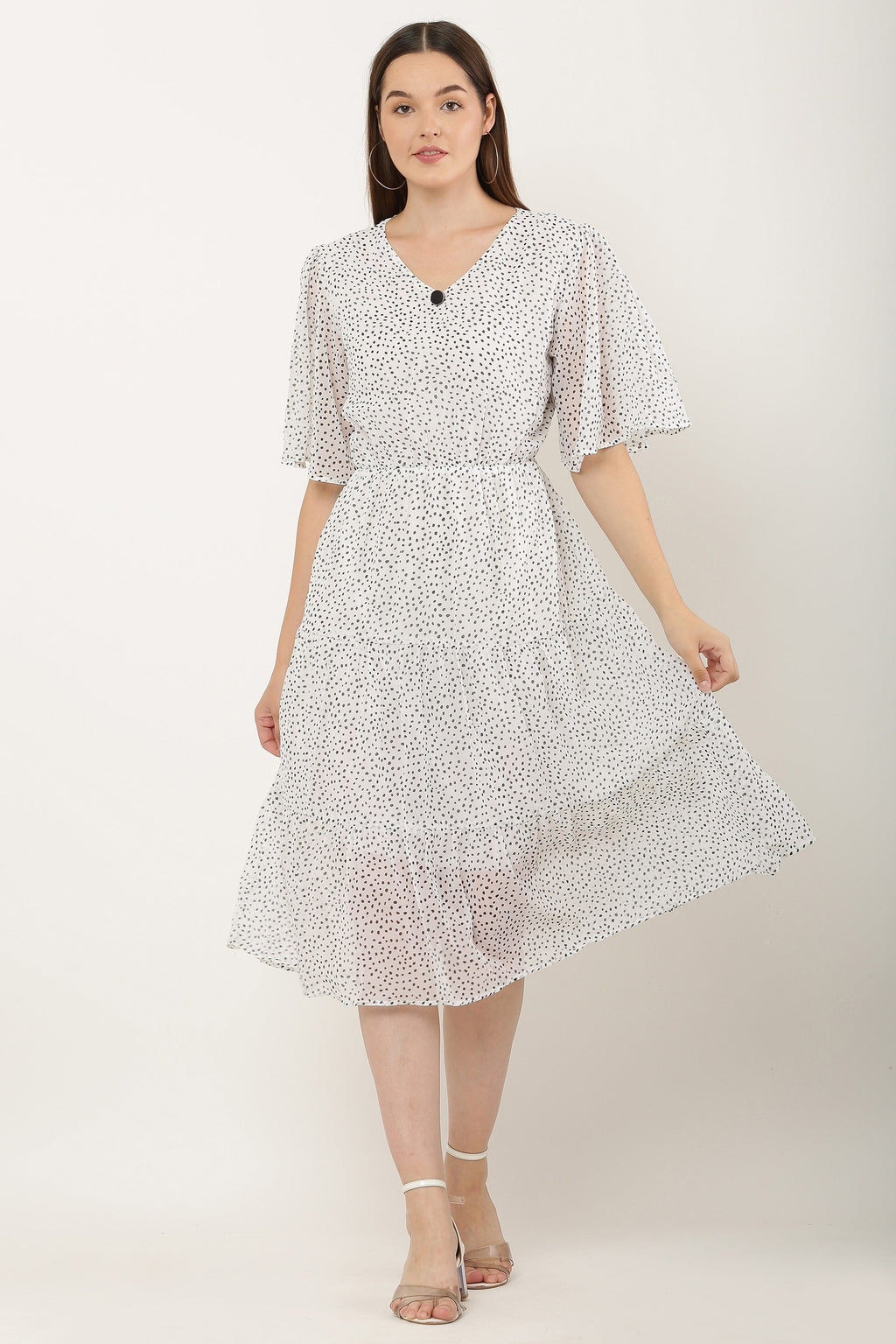 PAVONINE Micro Dots V-Neck Georgette Fabric White Dress For Women