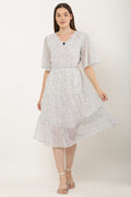 PAVONINE Micro Dots V-Neck Georgette Fabric White Dress For Women