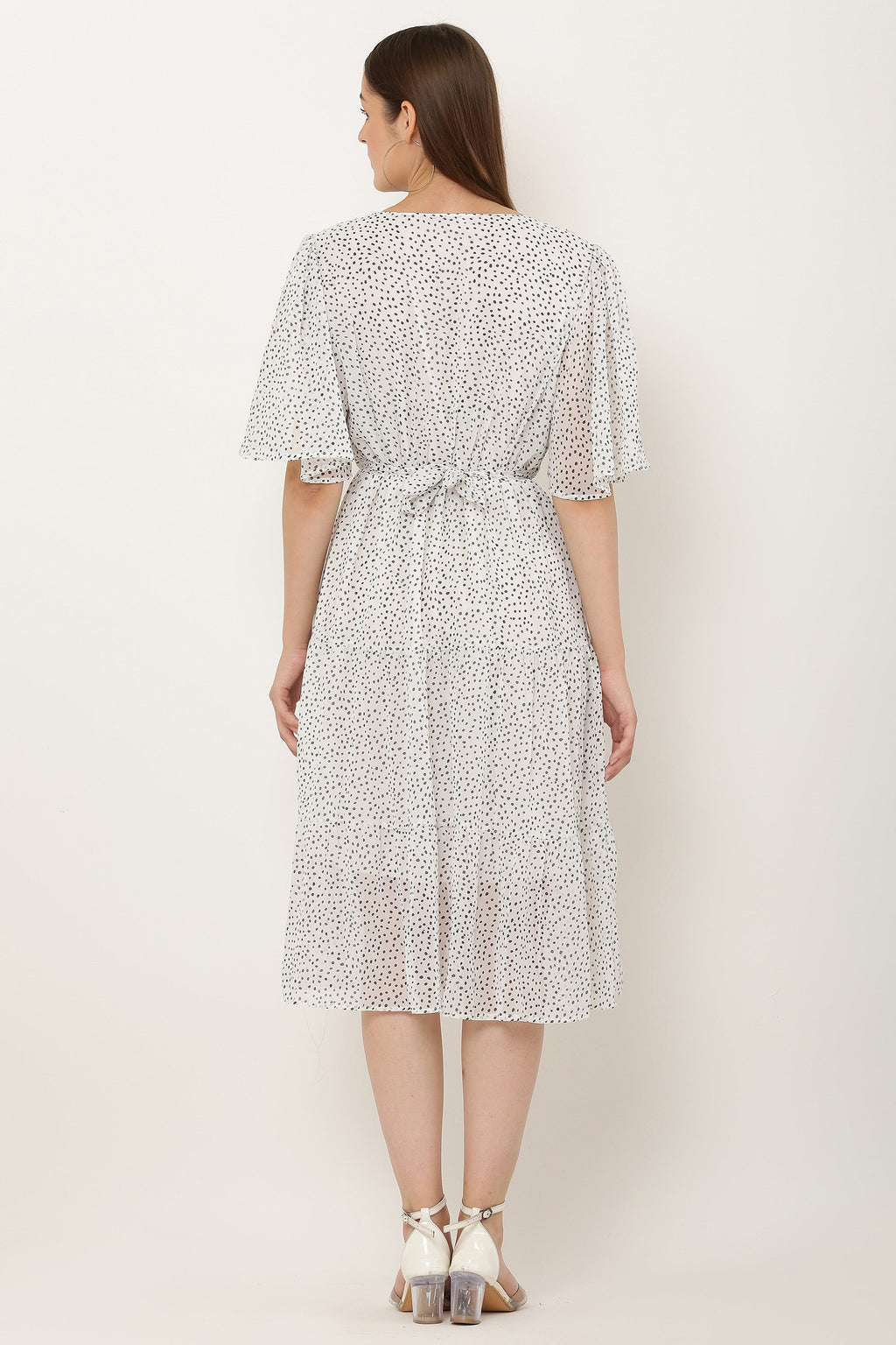 PAVONINE Micro Dots V-Neck Georgette Fabric White Dress For Women