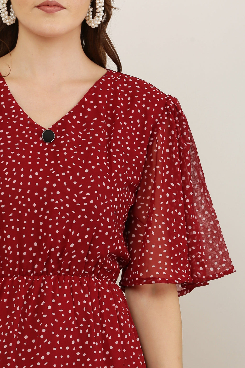 PAVONINE Micro Dots V-Neck Georgette Fabric Maroon Dress For Women