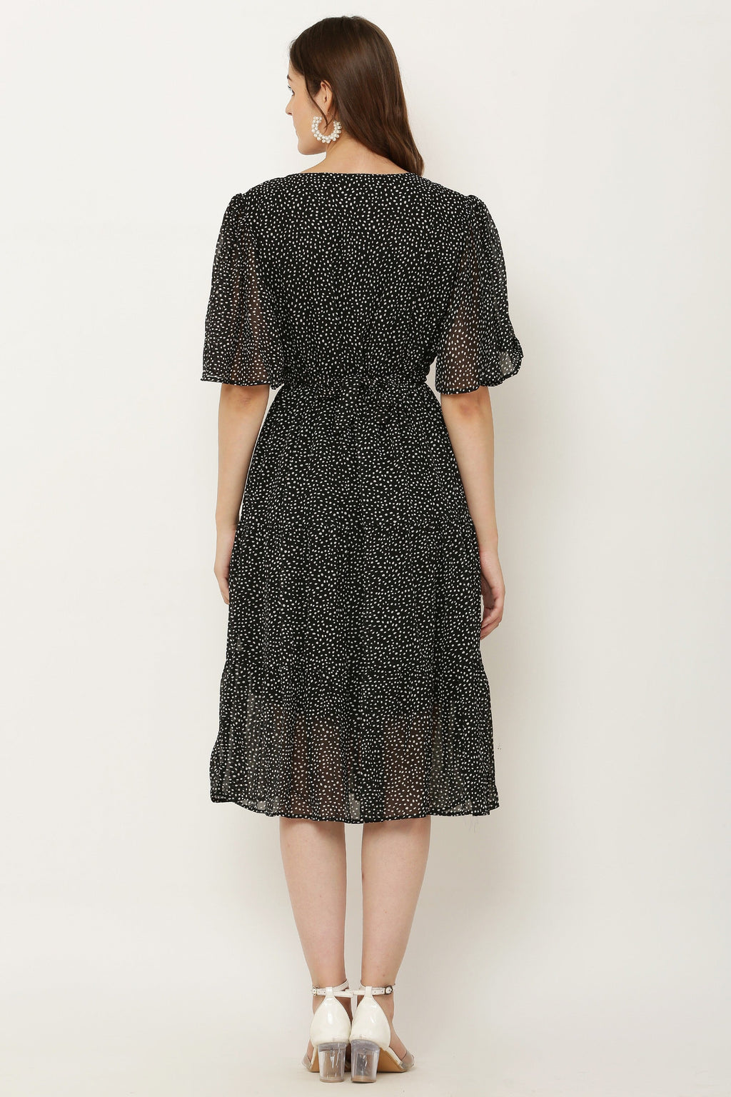 PAVONINE Micro Dots V-Neck Georgette Fabric Black Dress For Women