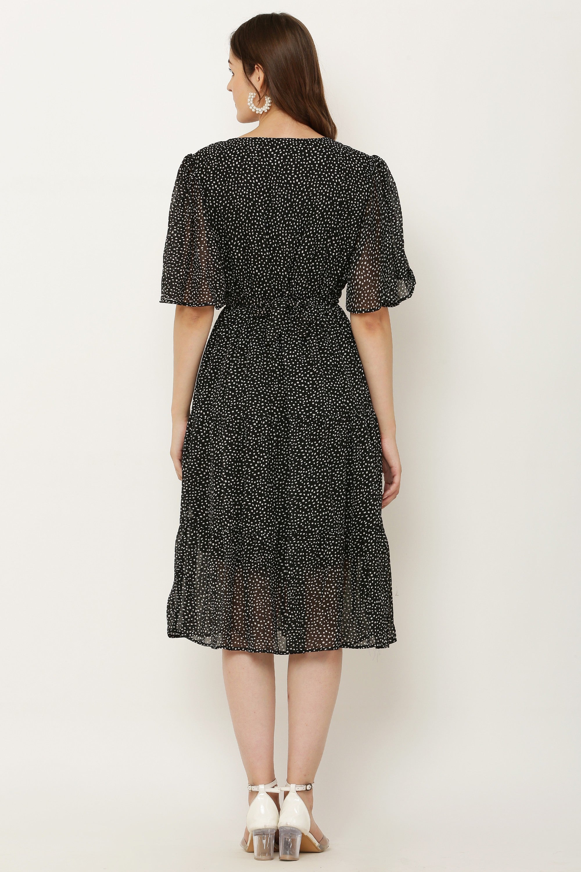 PAVONINE Micro Dots V-Neck Georgette Fabric Black Dress For Women