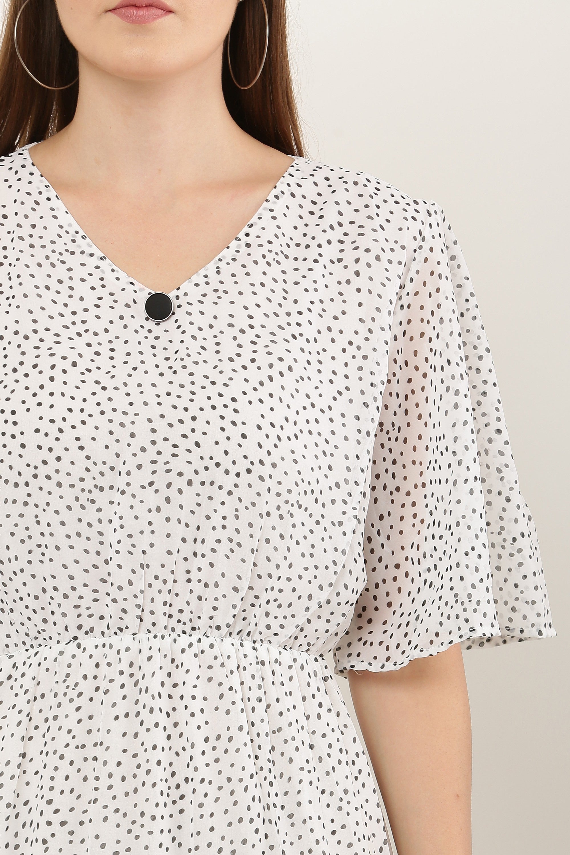 PAVONINE Micro Dots V-Neck Georgette Fabric White Dress For Women