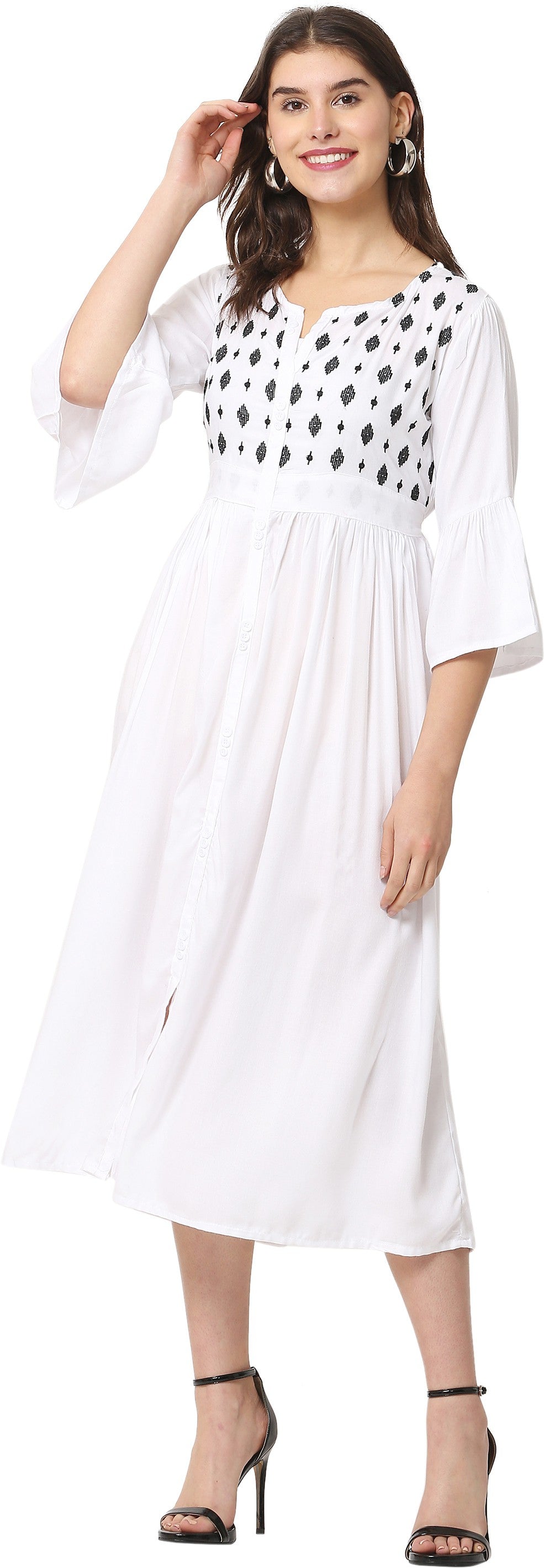 PAVONINE White Color Embroidery Work With Button Dress For Women