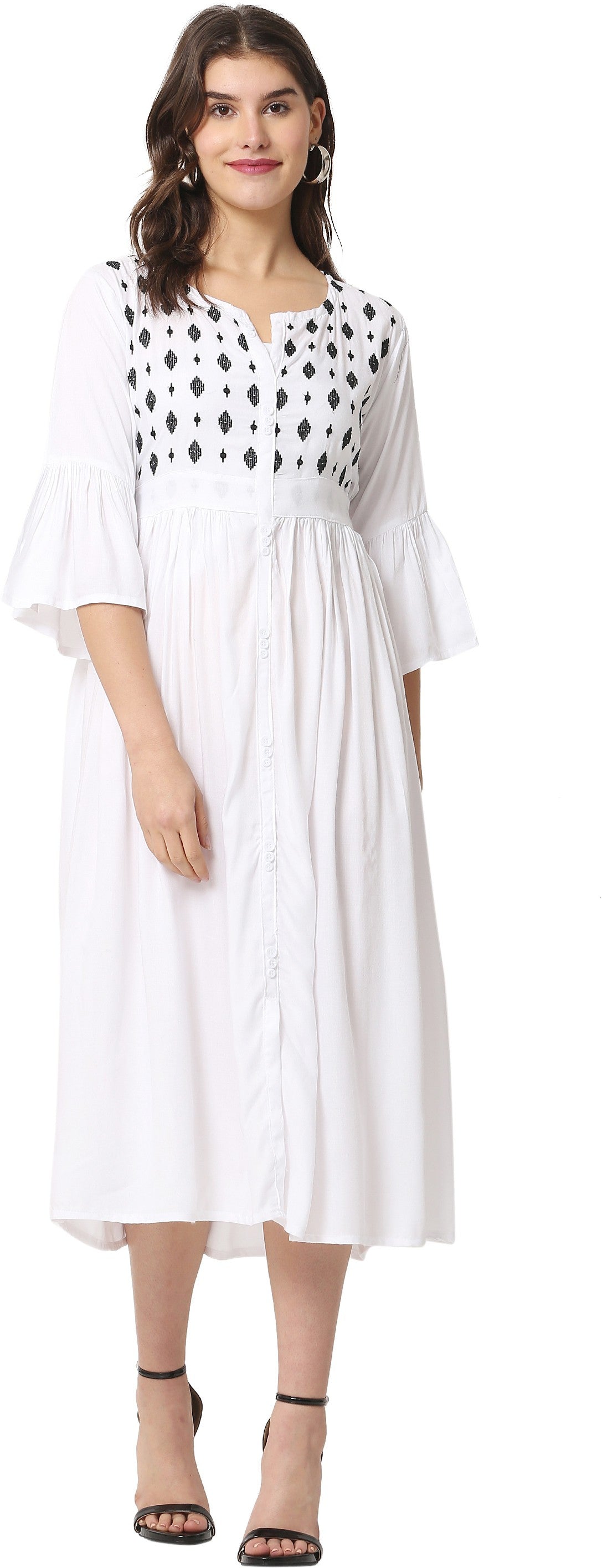 PAVONINE White Color Embroidery Work With Button Dress For Women