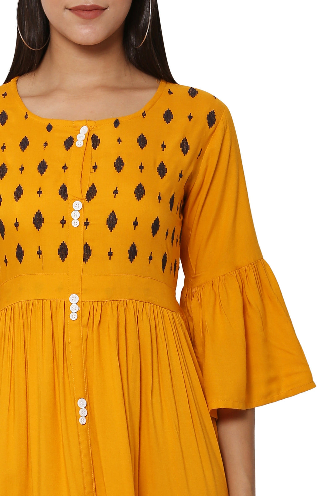 PAVONINE Mustard Color Embroidery Work With Button Dress For Women