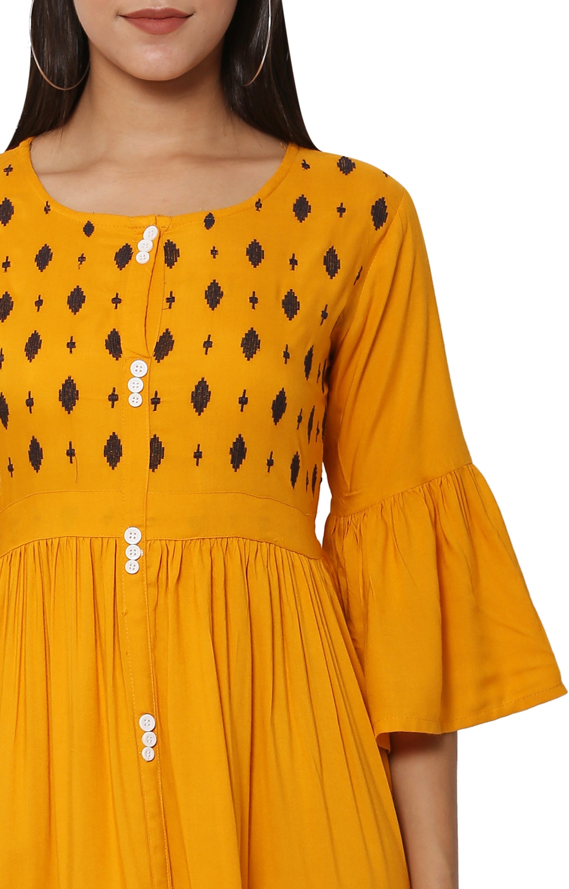 PAVONINE Mustard Color Embroidery Work With Button Dress For Women