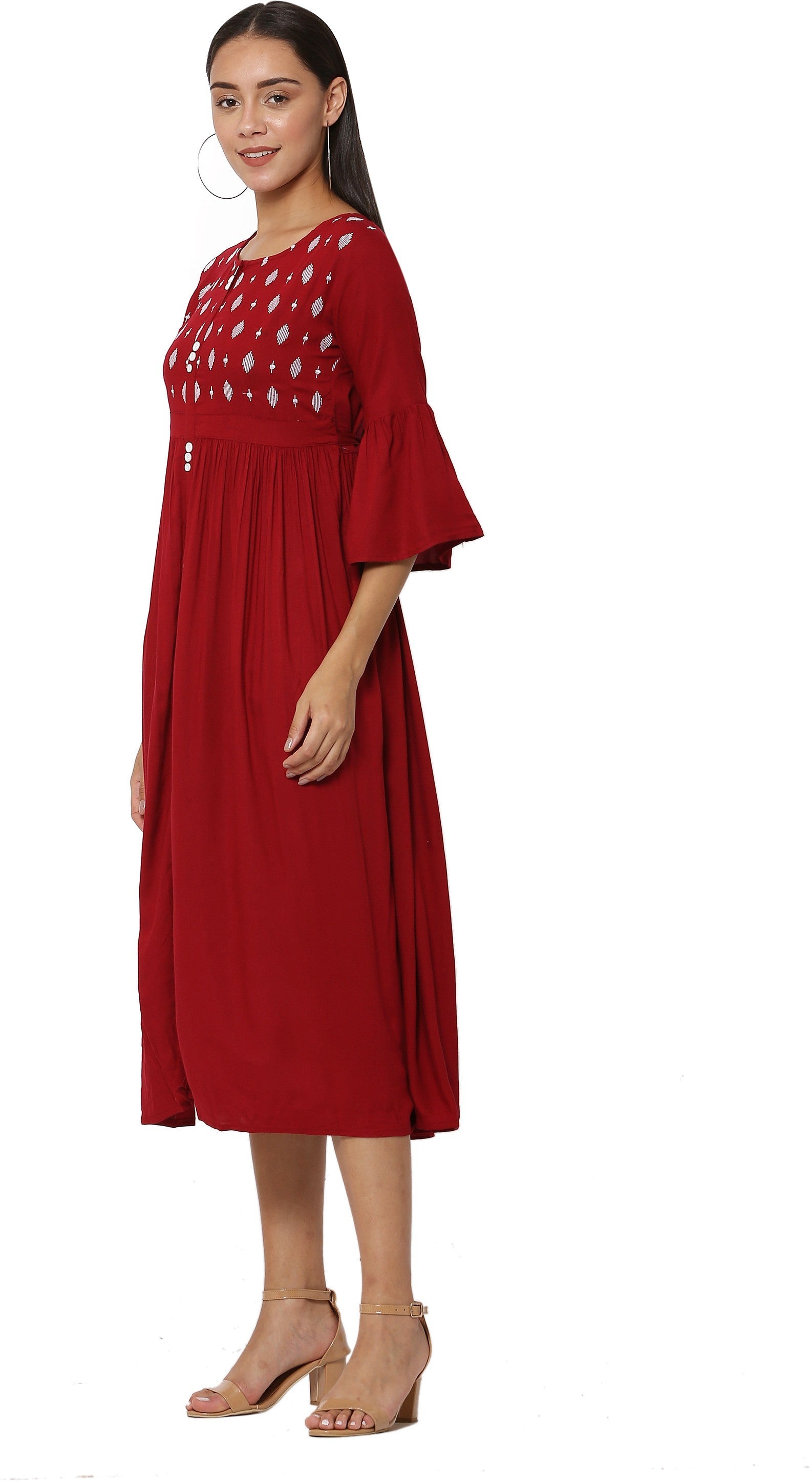 PAVONINE Wine Color Embroidery Work With Button Dress For Women
