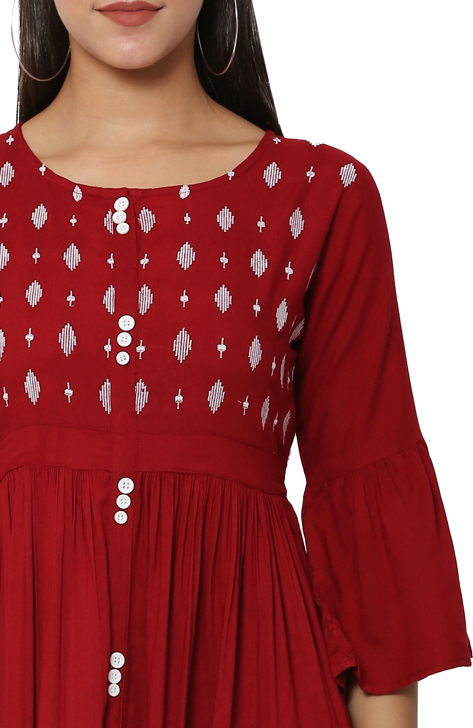 PAVONINE Wine Color Embroidery Work With Button Dress For Women