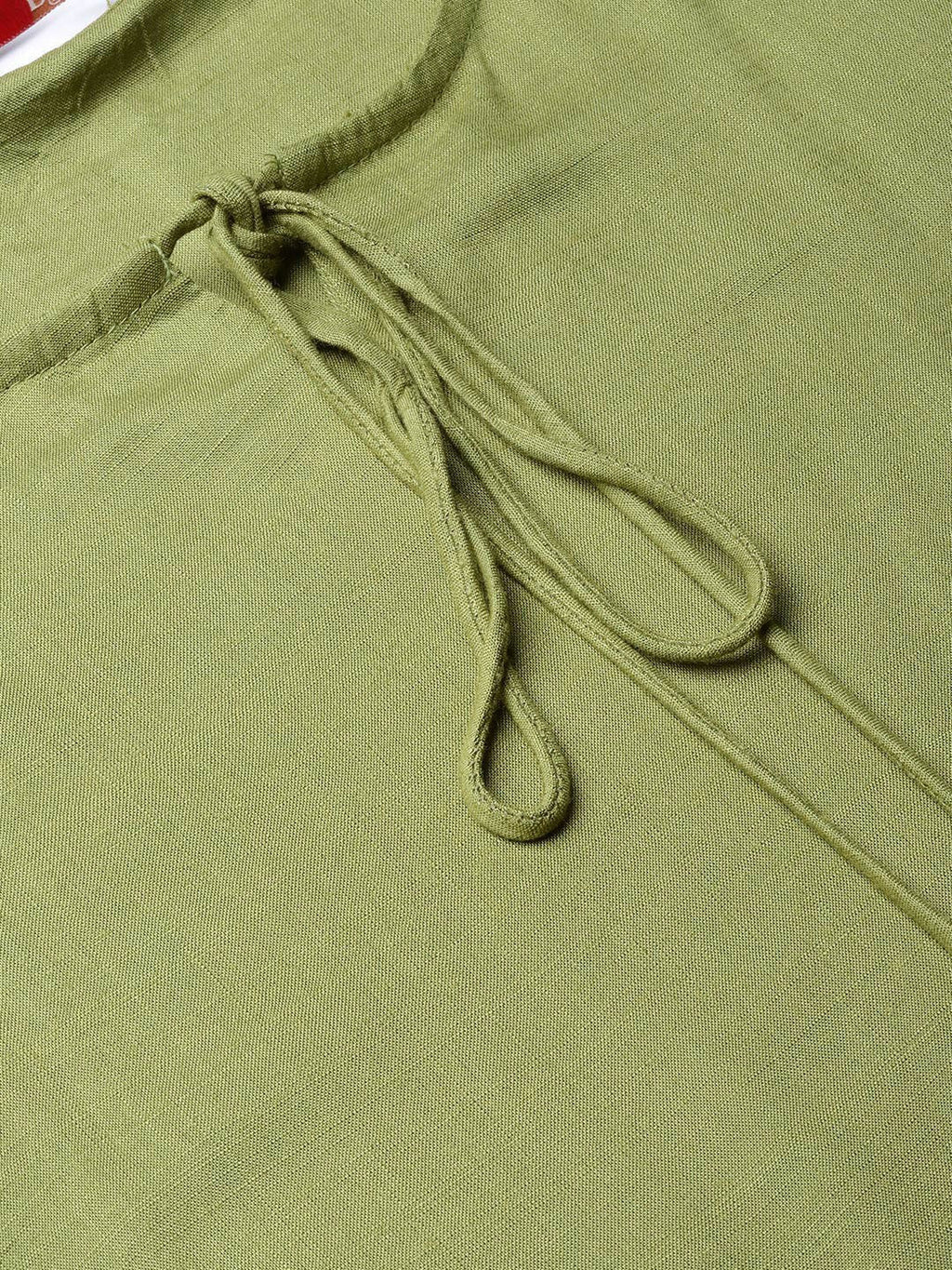 Juniper Olive Rayon Slub Solid Asymmetric Kurta with Tie-up Dori & Tassels