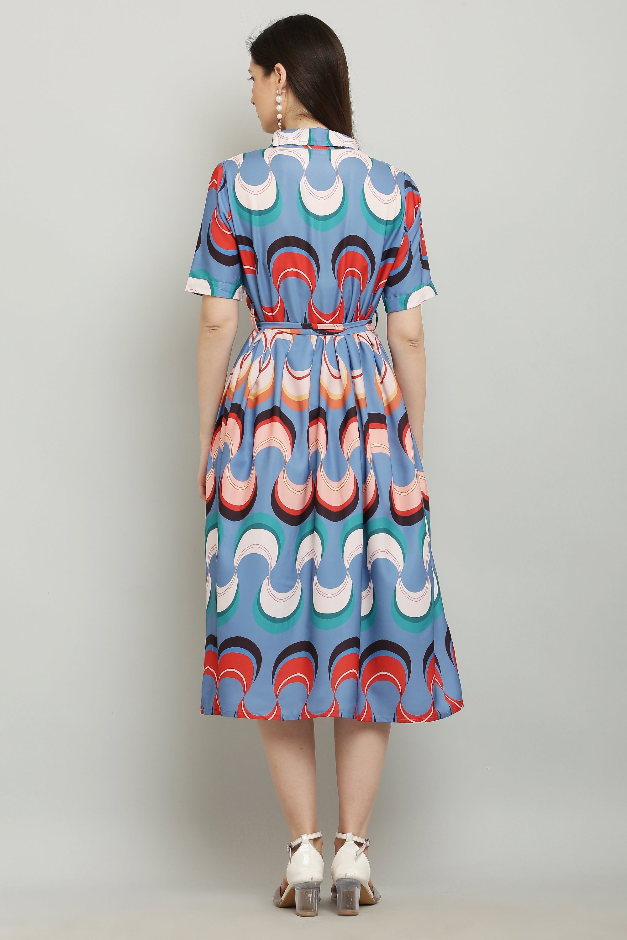 PAVONINE Zig-Zag Multi-Colors Printed Crepe Fabric Firozi Dress For Women