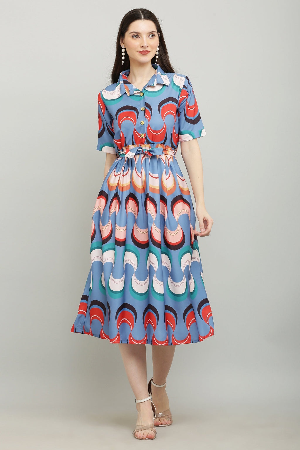 PAVONINE Zig-Zag Multi-Colors Printed Crepe Fabric Firozi Dress For Women