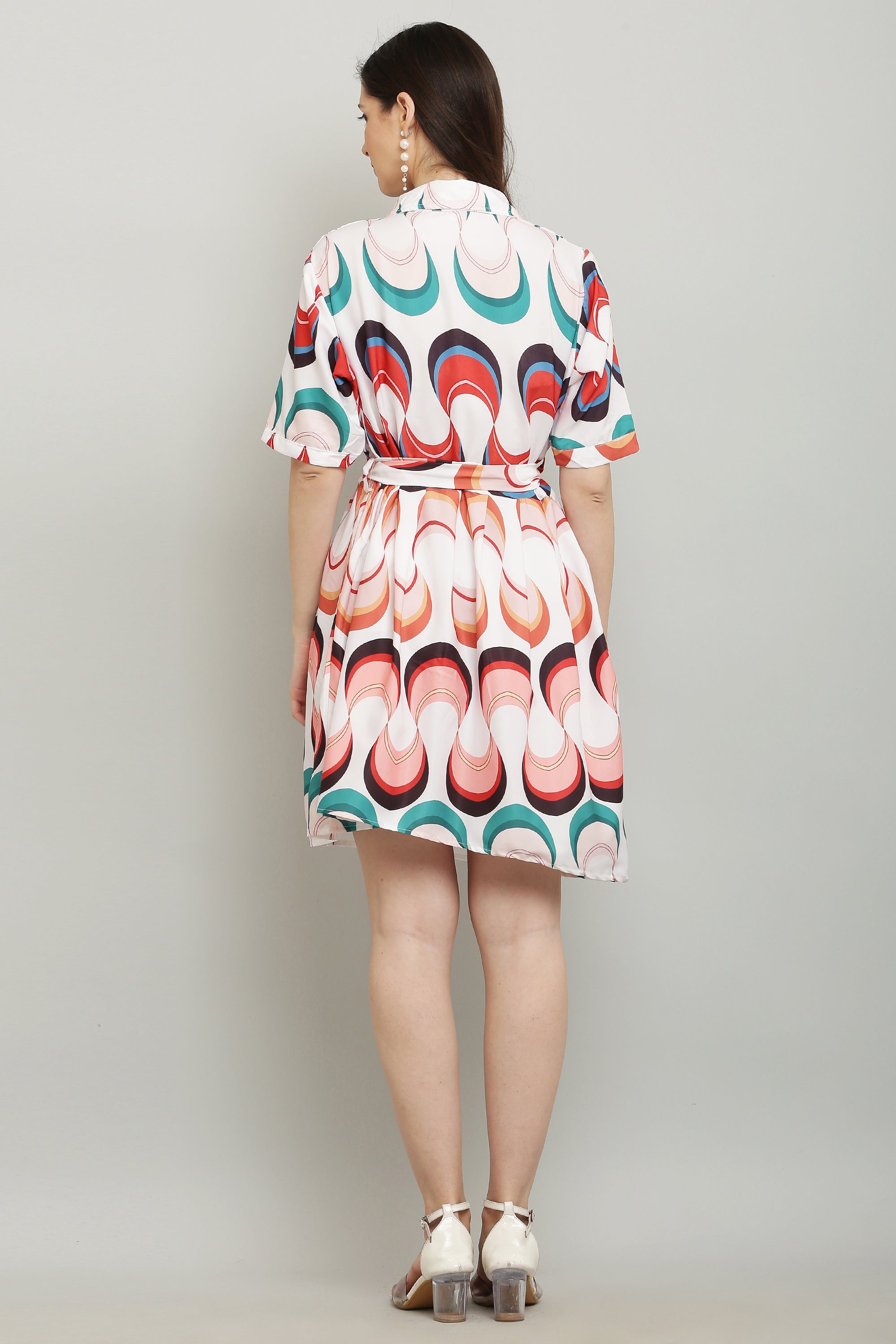 PAVONINE Zig-Zag Multi-Colors Printed Crepe Fabric White Dress For Women