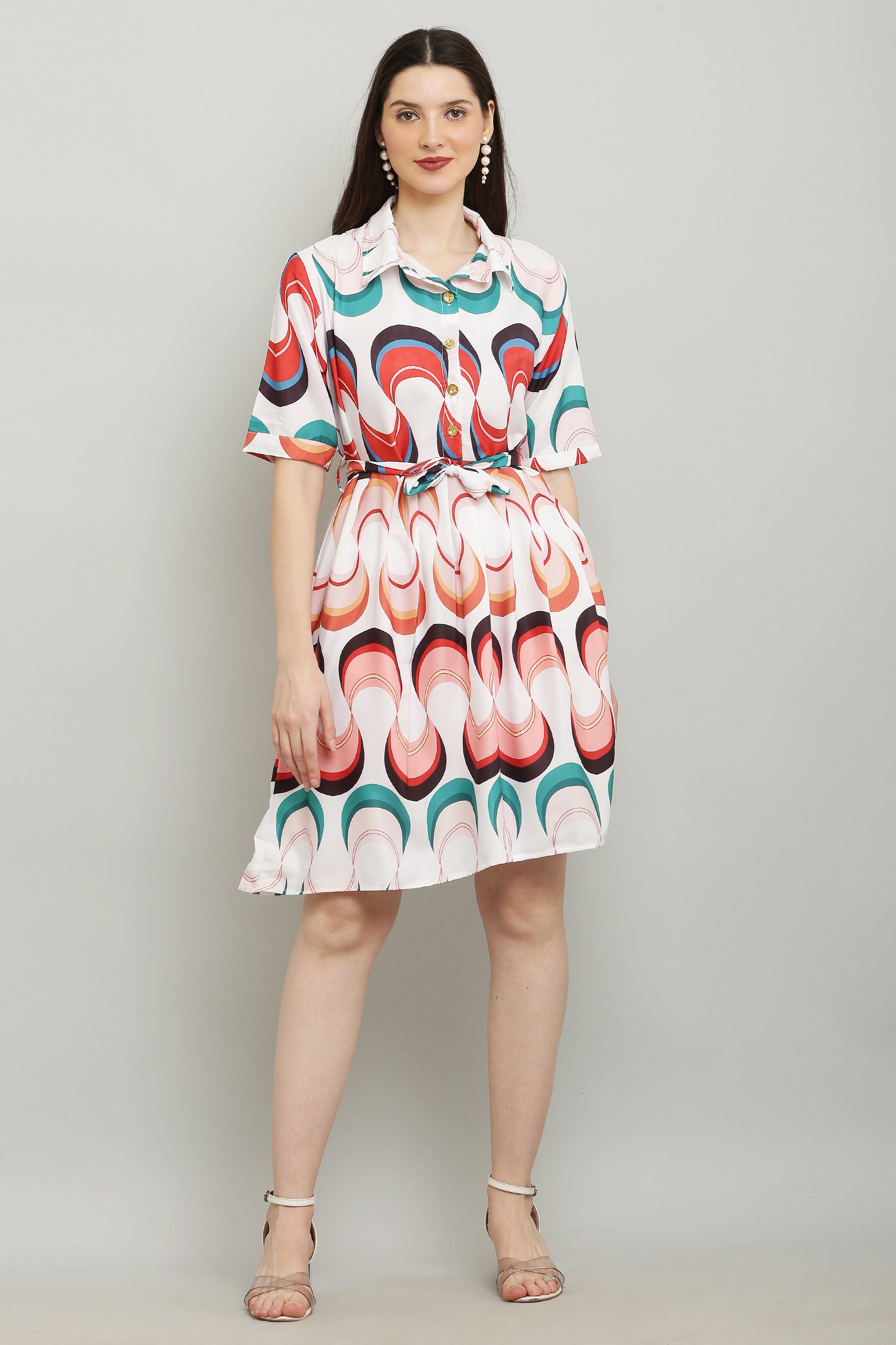 PAVONINE Zig-Zag Multi-Colors Printed Crepe Fabric White Dress For Women