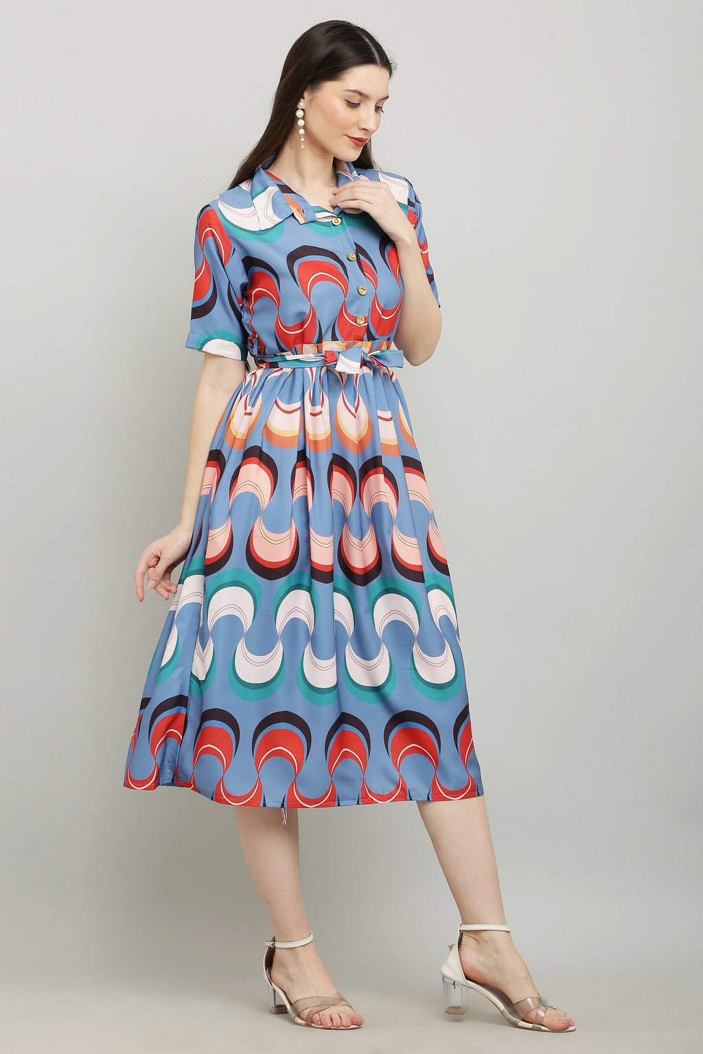 PAVONINE Zig-Zag Multi-Colors Printed Crepe Fabric Firozi Dress For Women