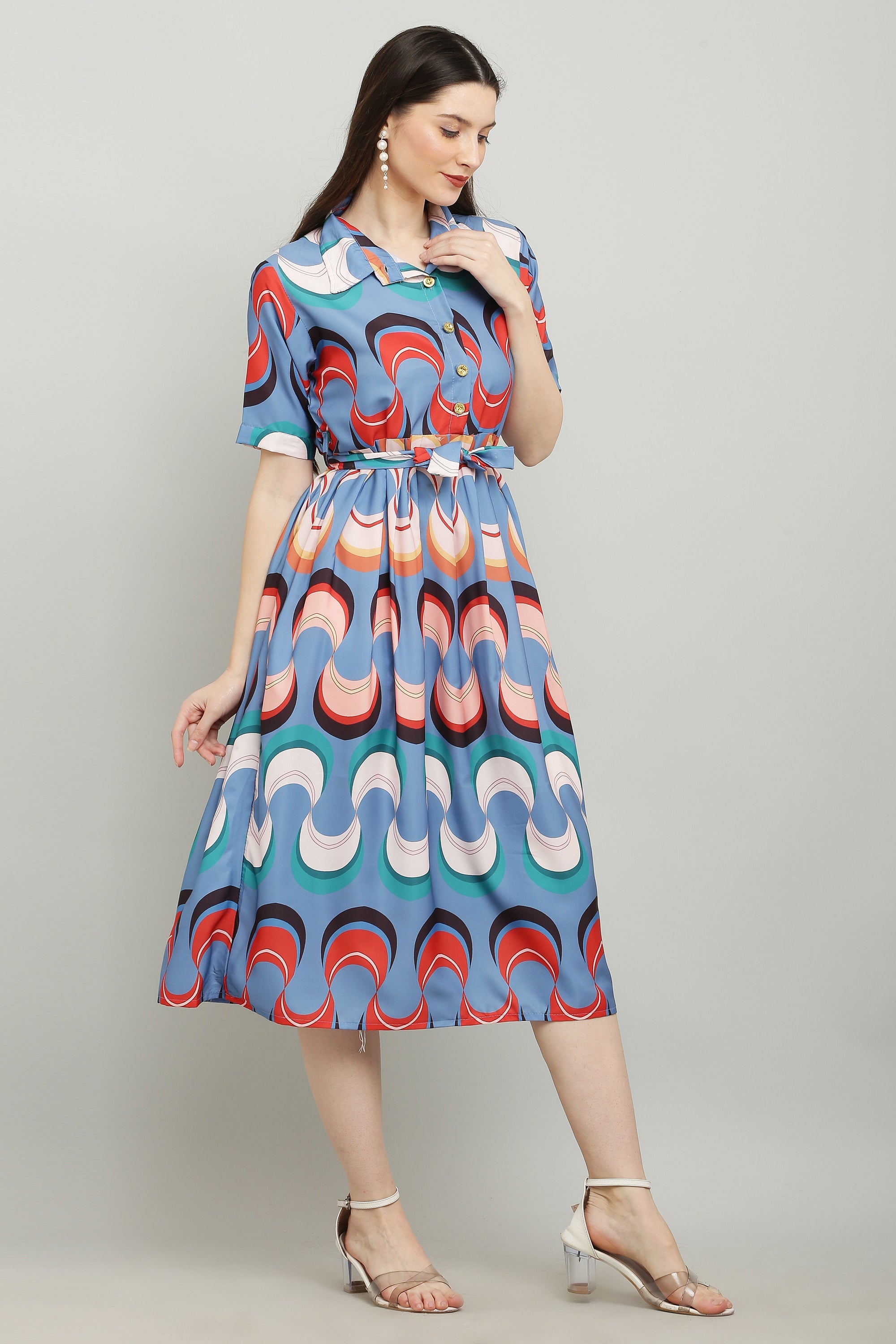 PAVONINE Zig-Zag Multi-Colors Printed Crepe Fabric Firozi Dress For Women