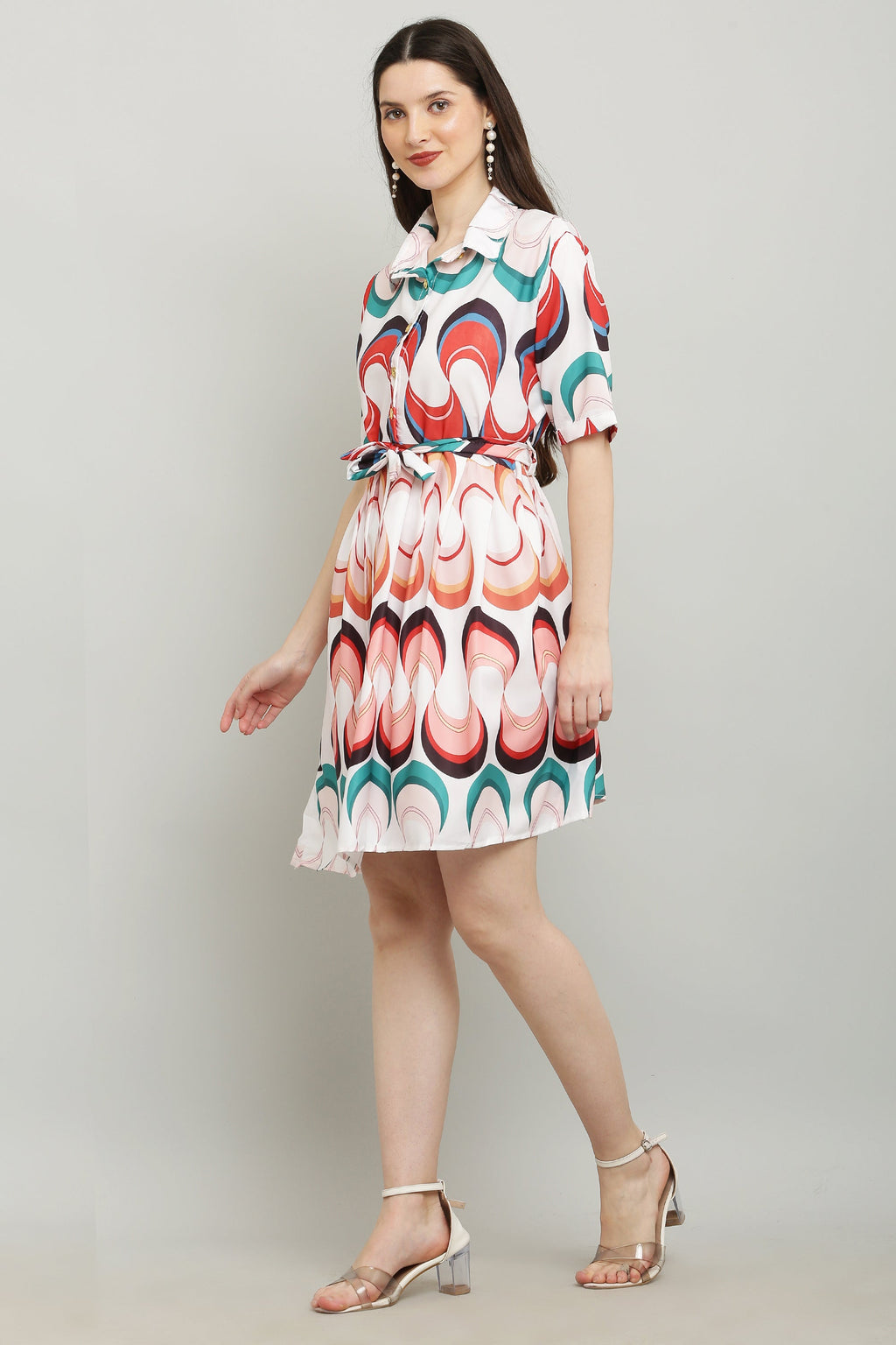 PAVONINE Zig-Zag Multi-Colors Printed Crepe Fabric White Dress For Women