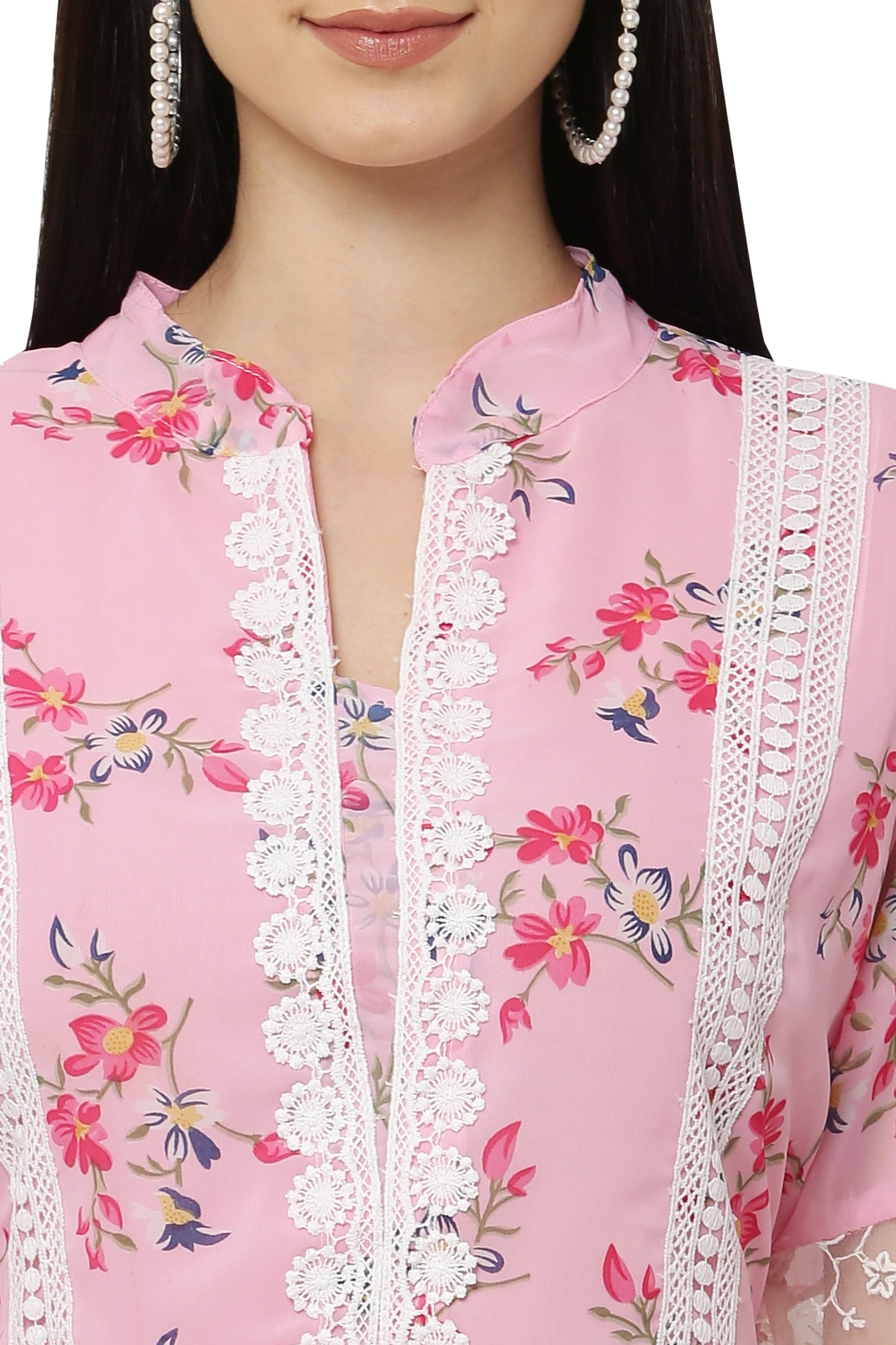 PAVONINE Pink Color Flower Printed Lace Bottom Dress For Girls & Women