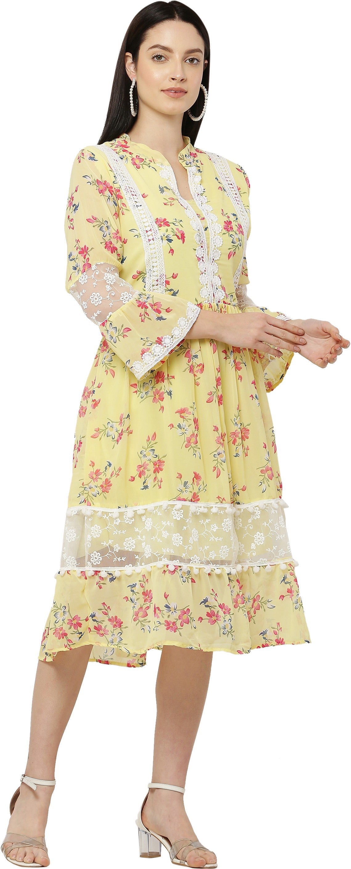 PAVONINE Yellow Color Flower Printed Lace Bottom Dress For Girls & Women