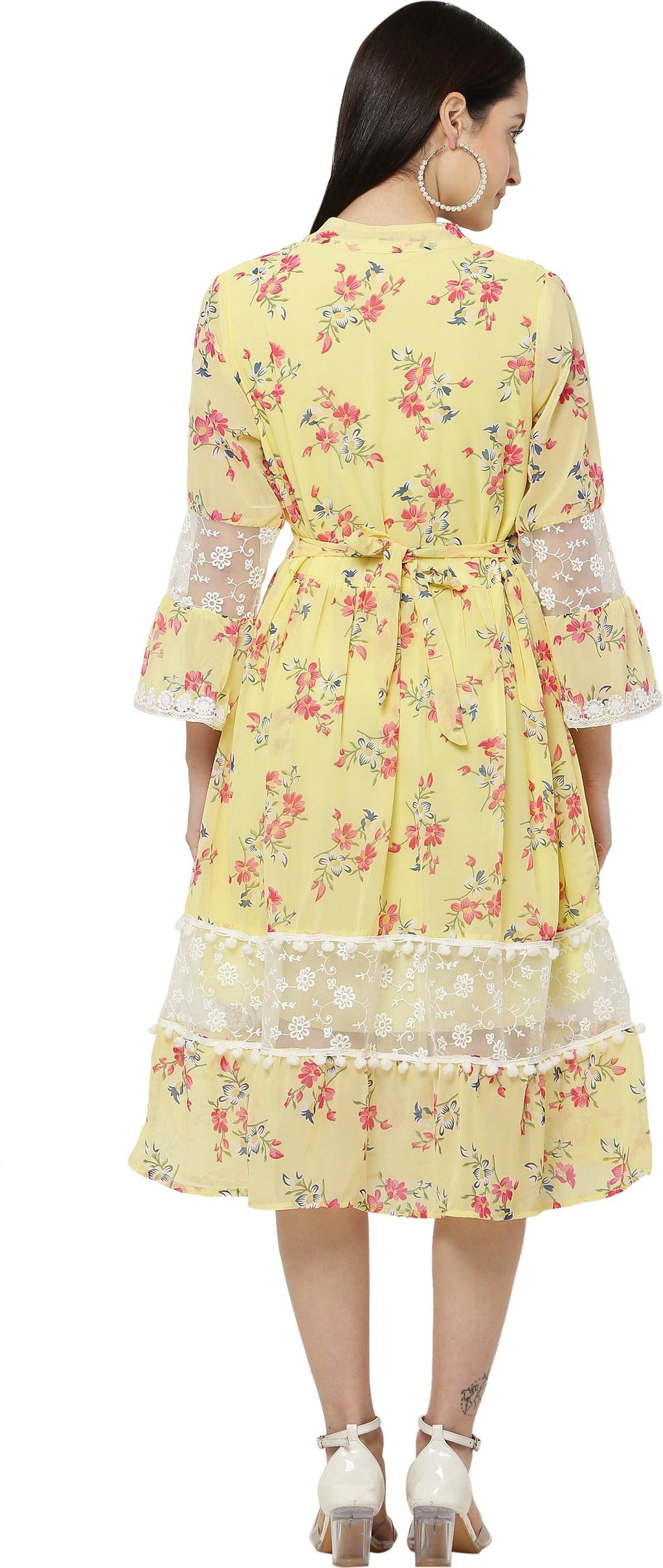 PAVONINE Yellow Color Flower Printed Lace Bottom Dress For Girls & Women