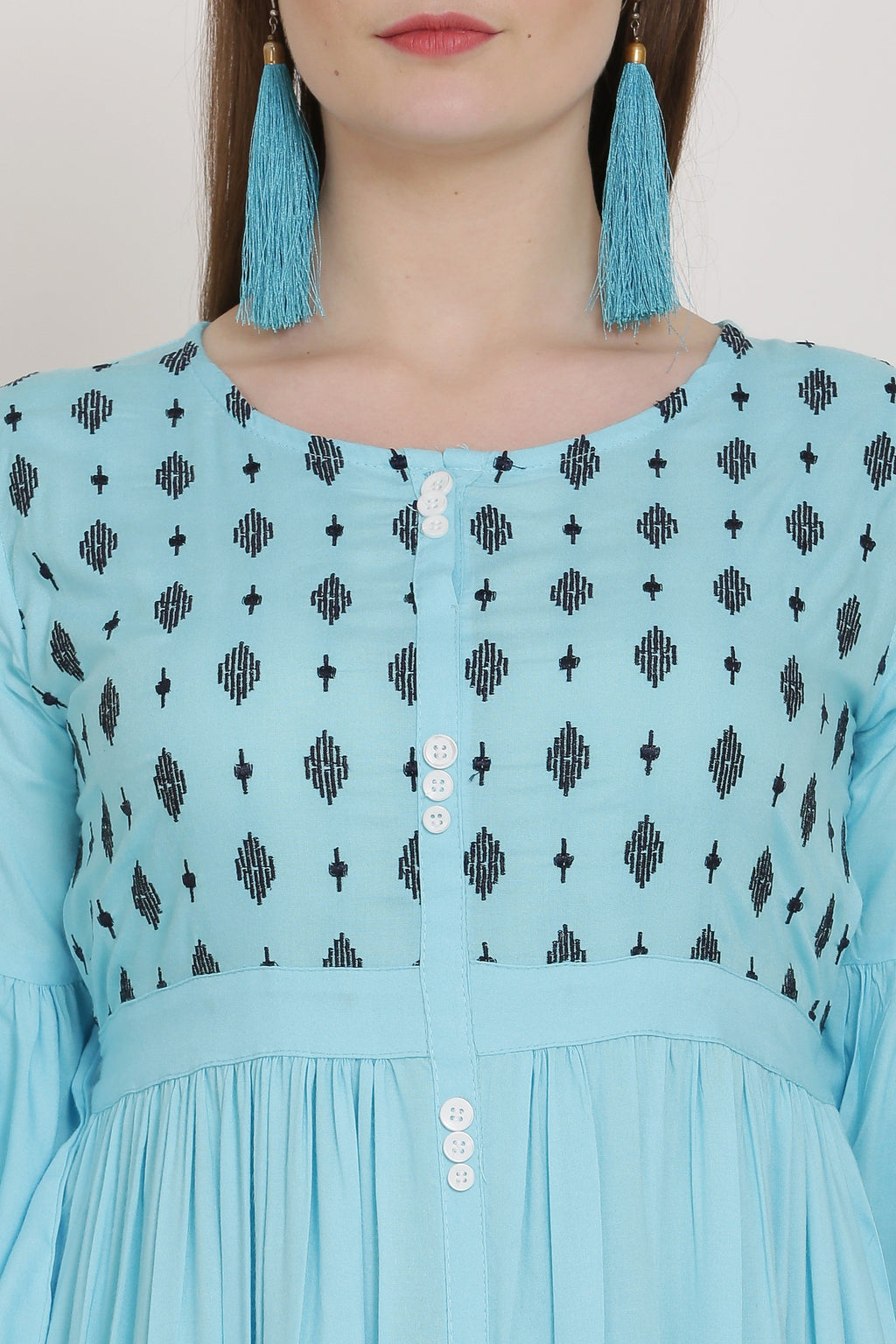 PAVONINE Firozi Color Embroidery Work With Button Dress For Women