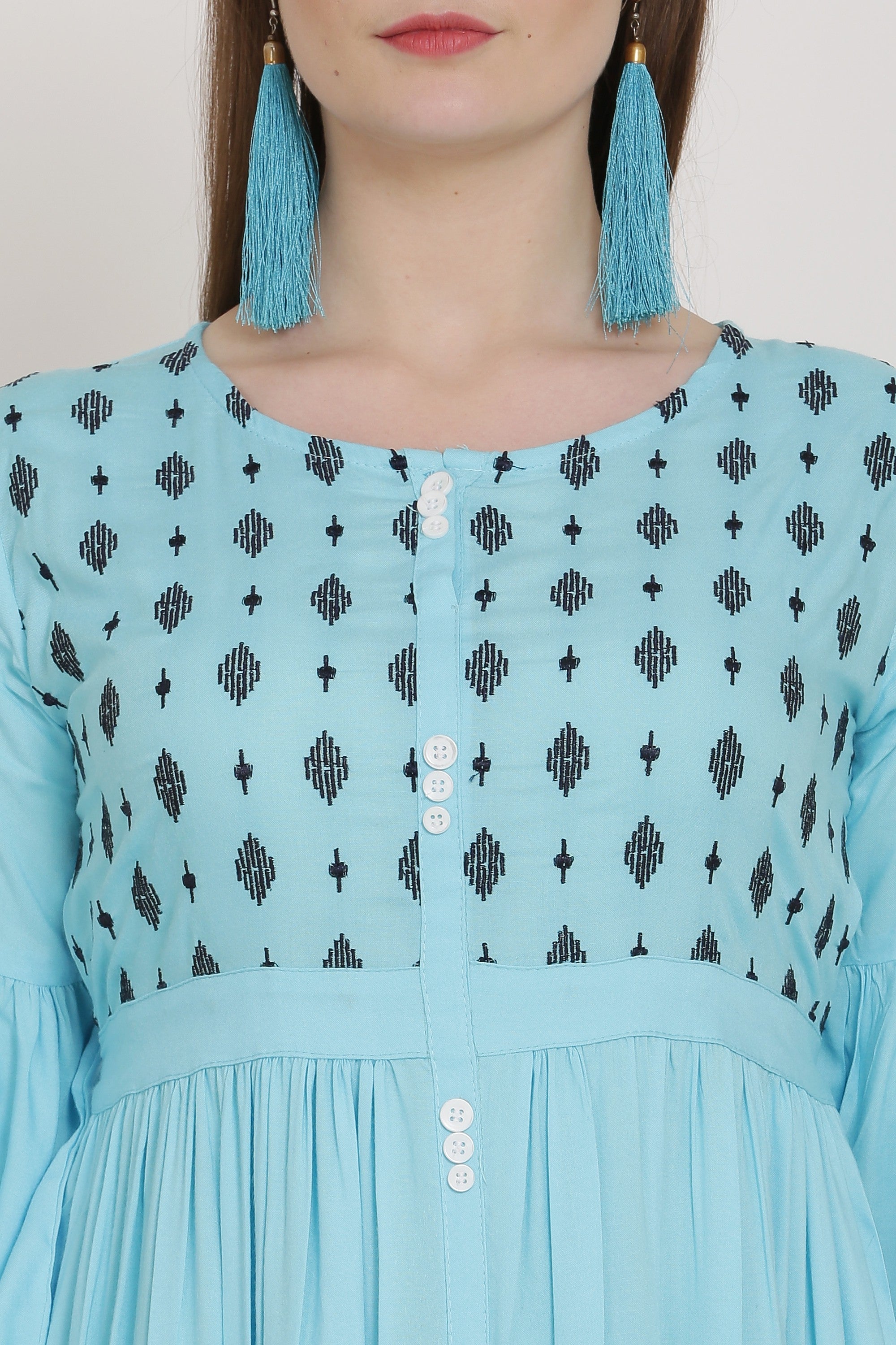 PAVONINE Firozi Color Embroidery Work With Button Dress For Women