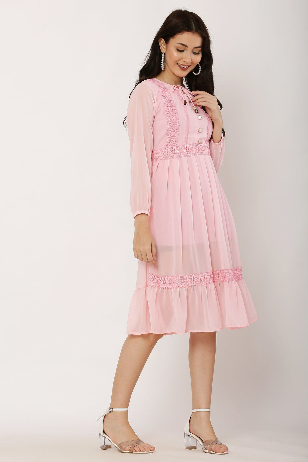 PAVONINE Peach Color Georgette Fabric Lace Inserts Dress For Girls