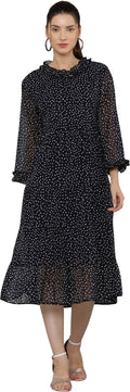 PAVONINE Micro Dots Frill-Neck Georgette Fabric Navy Blue Dress For Women