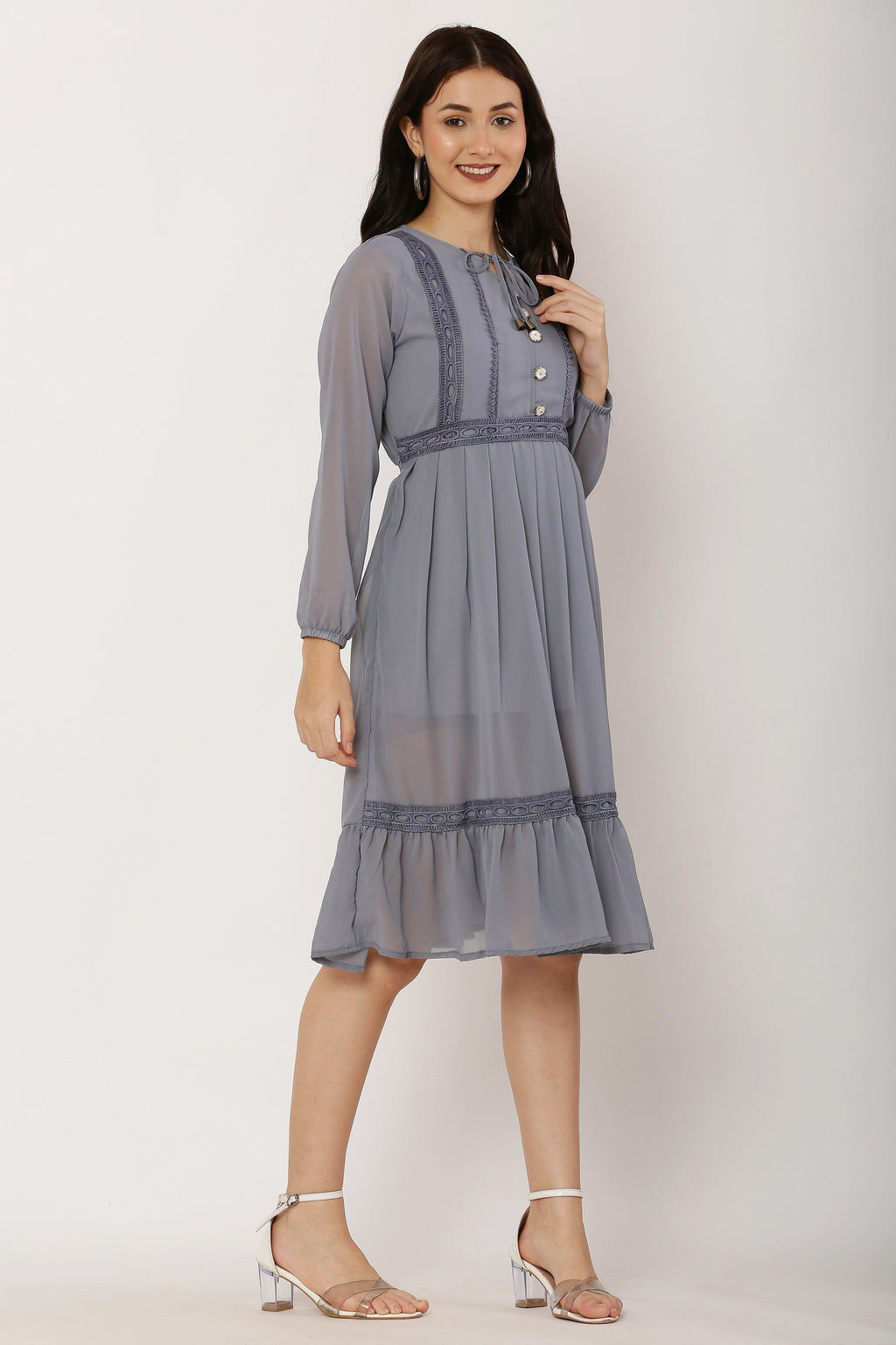 PAVONINE Grey Color Georgette Fabric Lace Inserts Dress For Girls