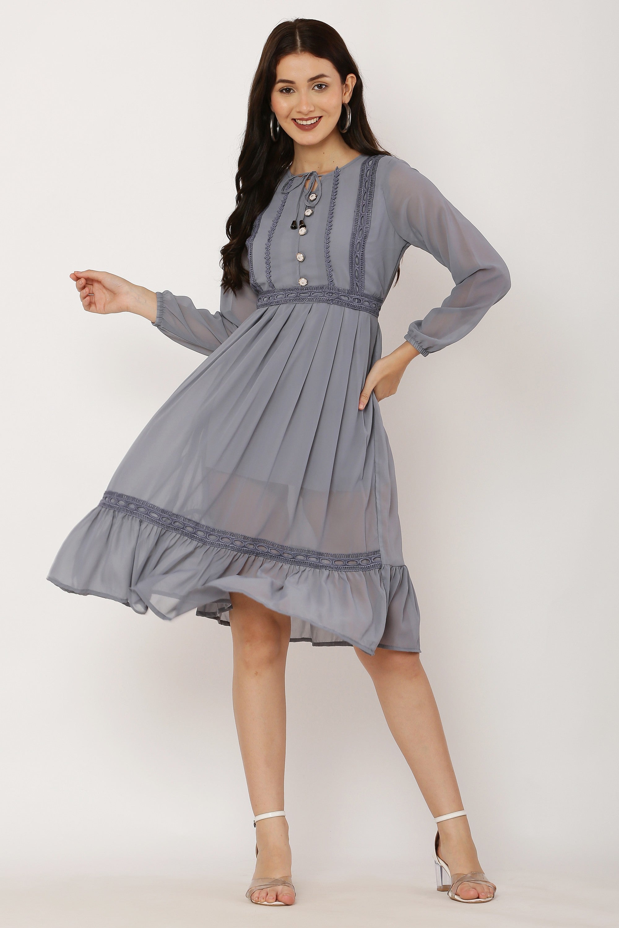 PAVONINE Grey Color Georgette Fabric Lace Inserts Dress For Girls