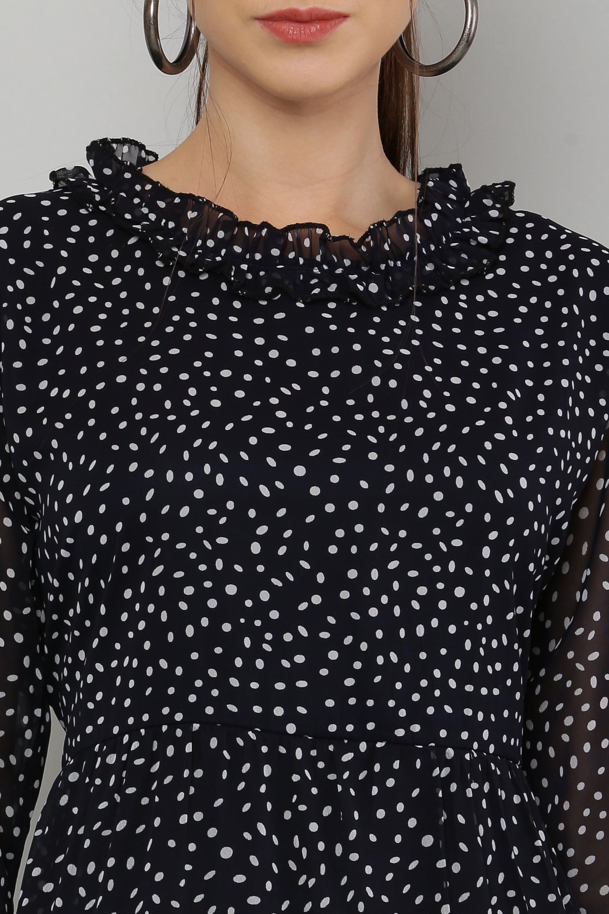 PAVONINE Micro Dots Frill-Neck Georgette Fabric Navy Blue Dress For Women