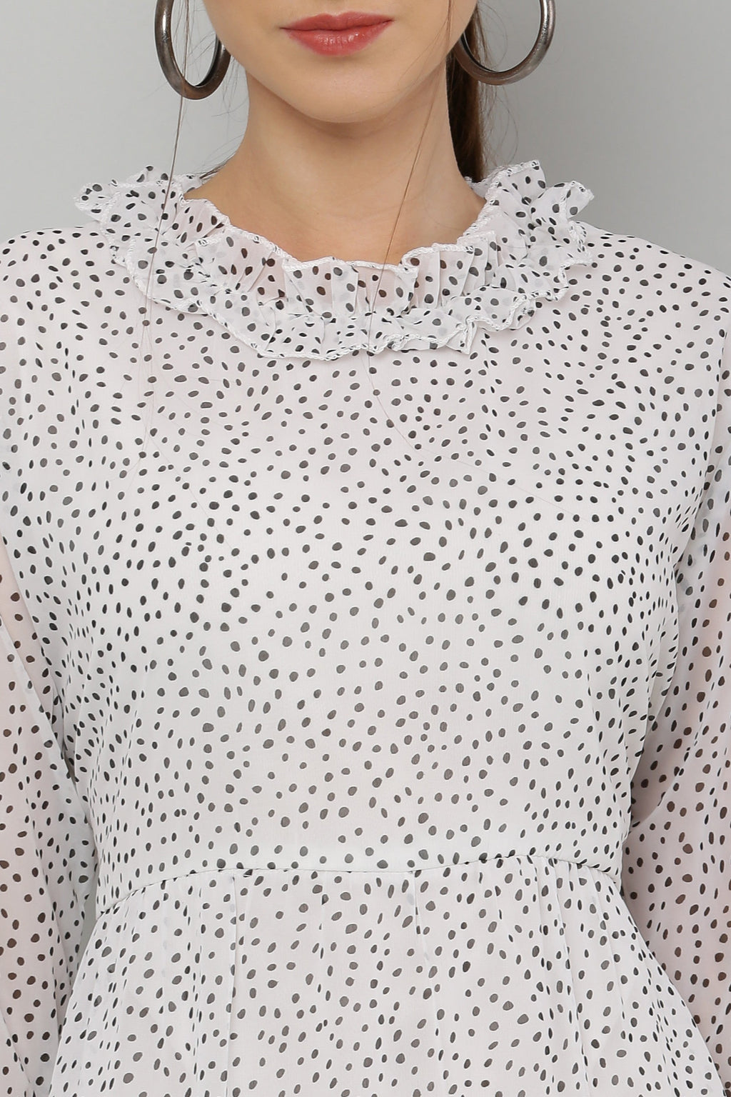 PAVONINE Micro Dots Frill-Neck Georgette Fabric White Dress For Women
