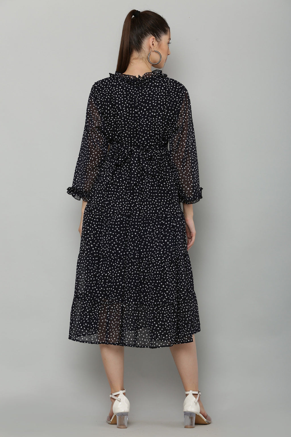 PAVONINE Micro Dots Frill-Neck Georgette Fabric Navy Blue Dress For Women