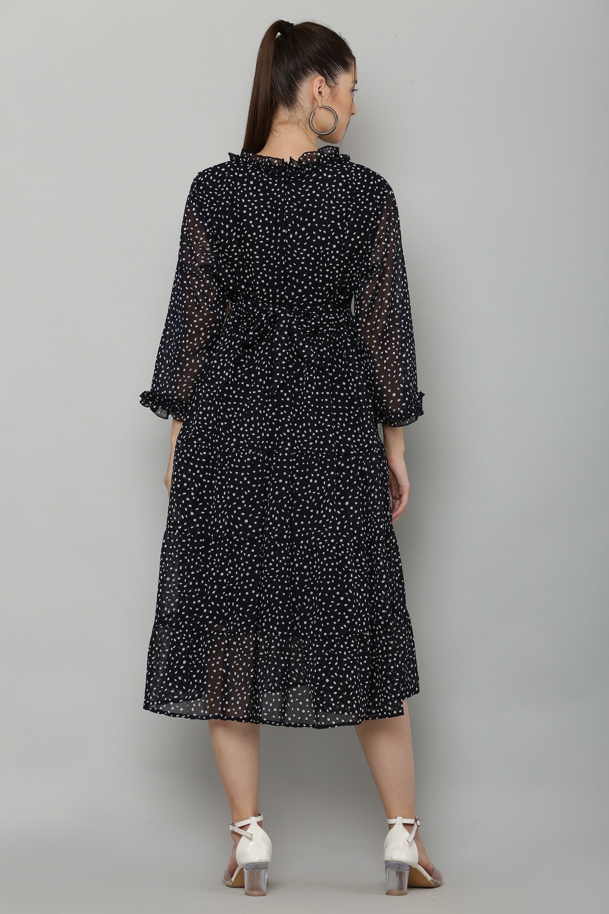 PAVONINE Micro Dots Frill-Neck Georgette Fabric Navy Blue Dress For Women
