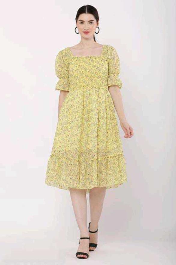 PAVONINE Yellow Color Georgette Fabric Body Kansai Midi For Girls