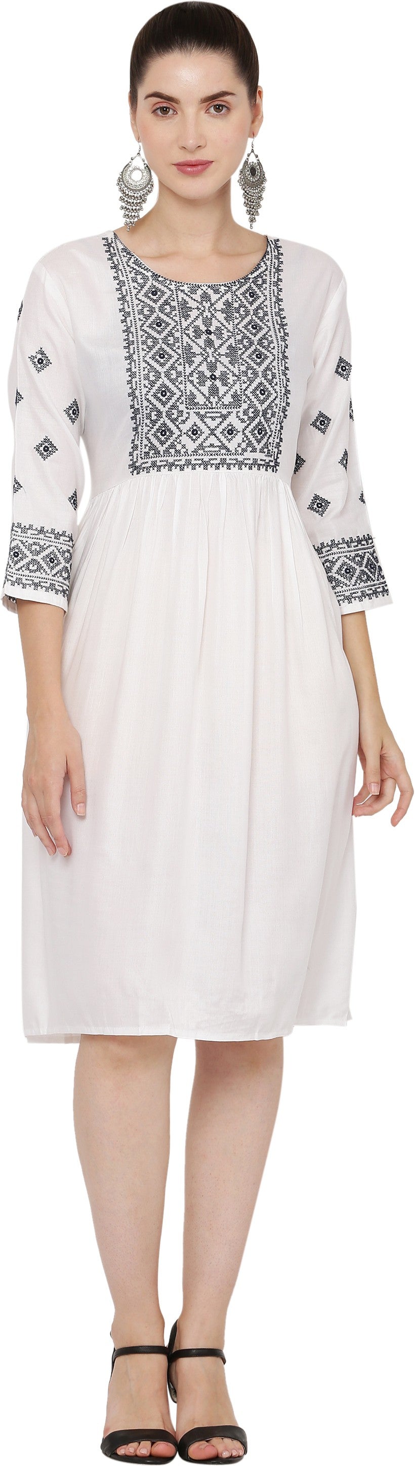 PAVONINE White Color Burfi Design Embroidery Dress For Women