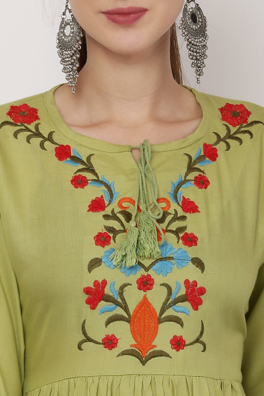 PAVONINE Pista Color Flower Embroidery Dress For Women