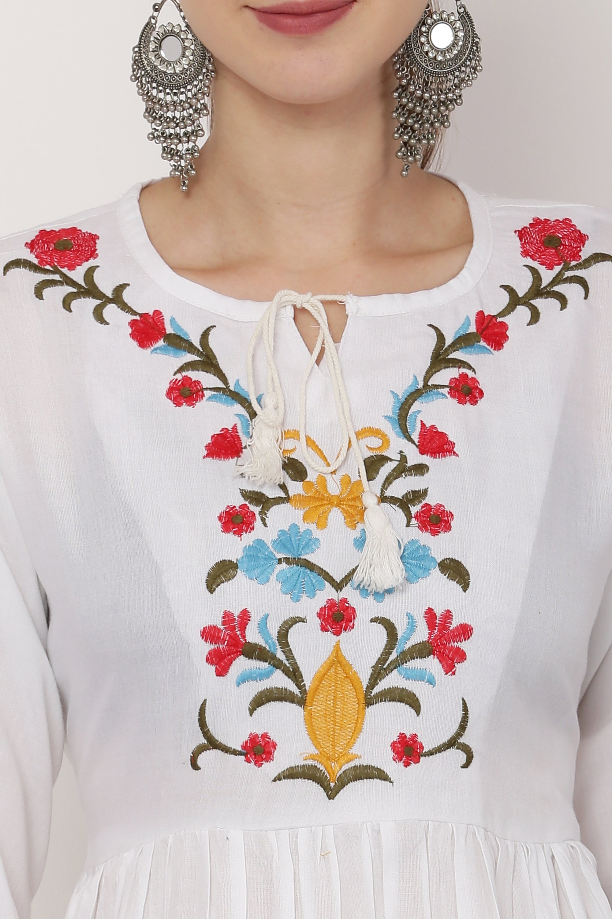PAVONINE White Color Flower Embroidery Dress For Women