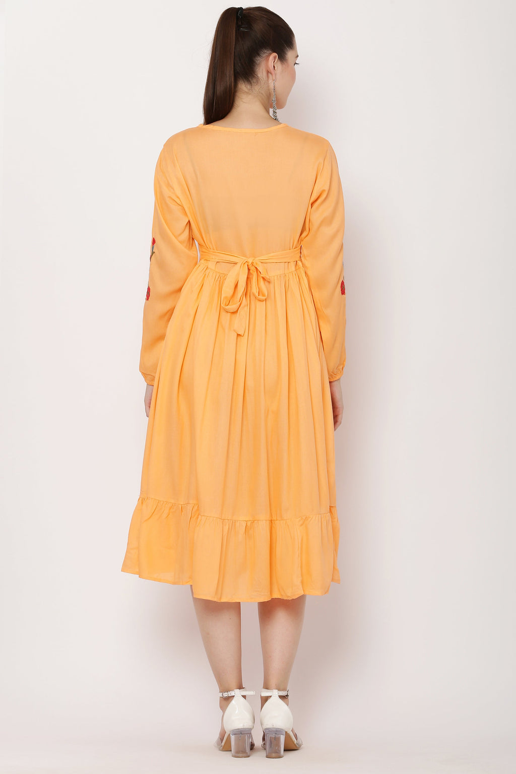 PAVONINE Peach Color Flower Embroidery Dress For Women