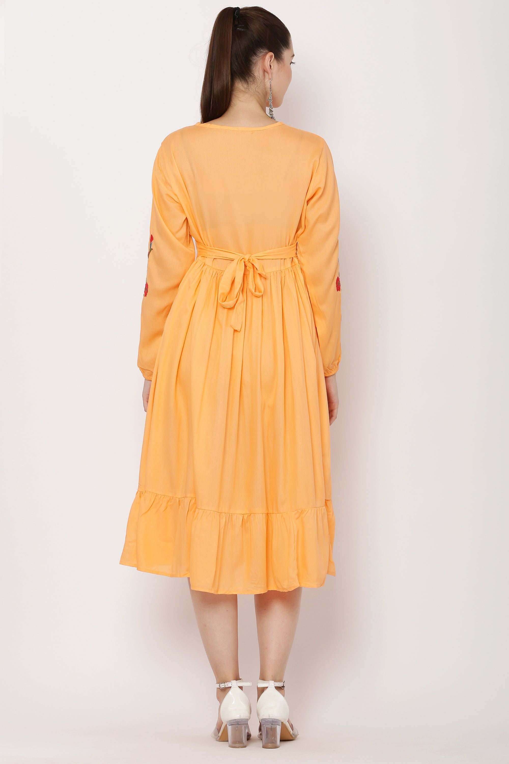 PAVONINE Peach Color Flower Embroidery Dress For Women