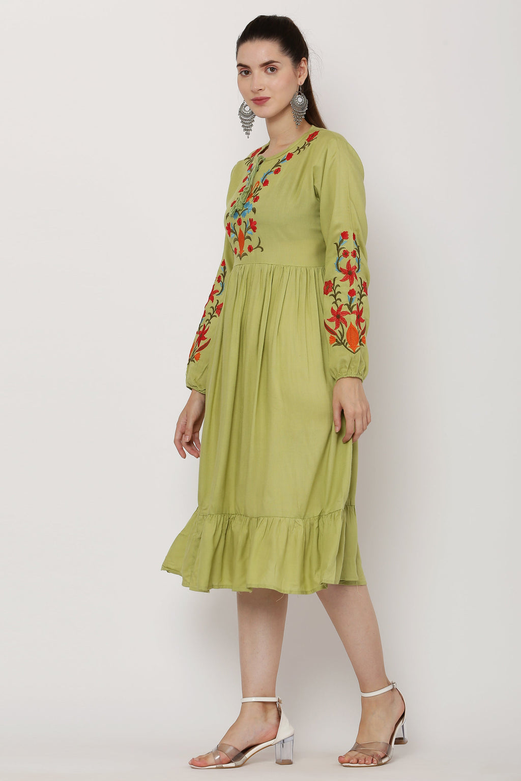 PAVONINE Pista Color Flower Embroidery Dress For Women