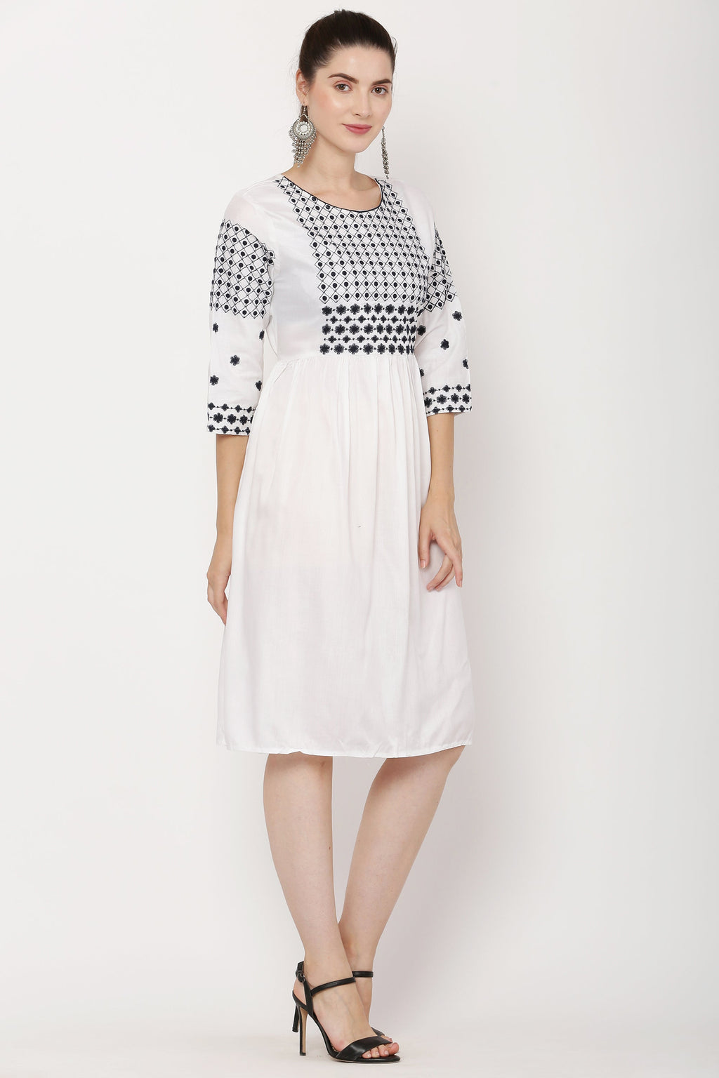 PAVONINE White Color Polka Dots Embroidery Dress For Women