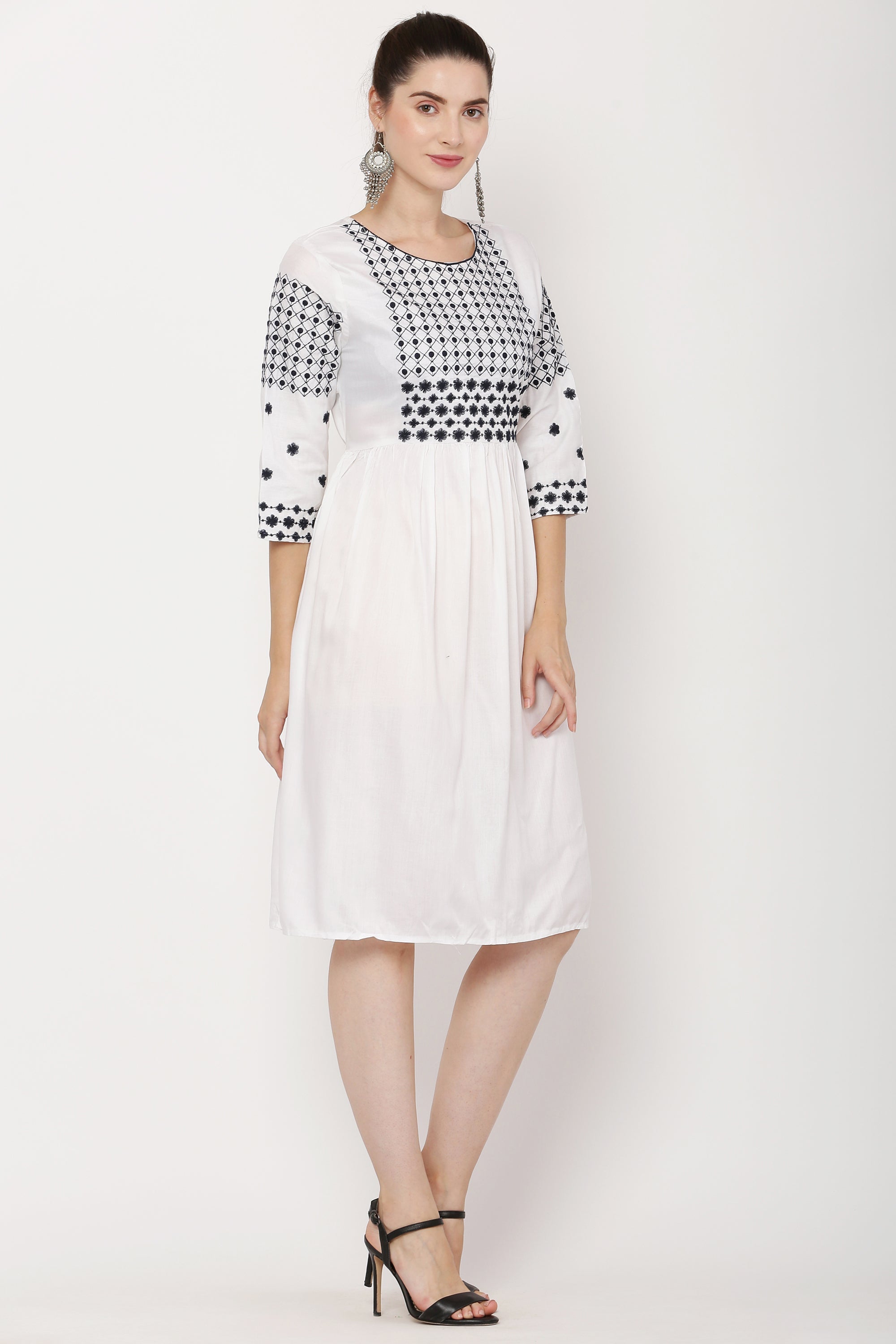 PAVONINE White Color Polka Dots Embroidery Dress For Women