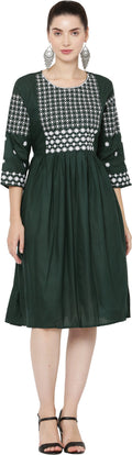 PAVONINE Bottle Green Color Polka Dots Embroidery Dress For Women