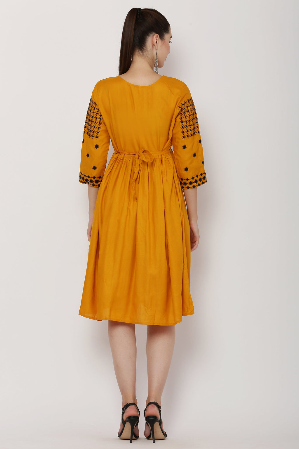 PAVONINE Mustard Color Polka Dots Embroidery Dress For Women