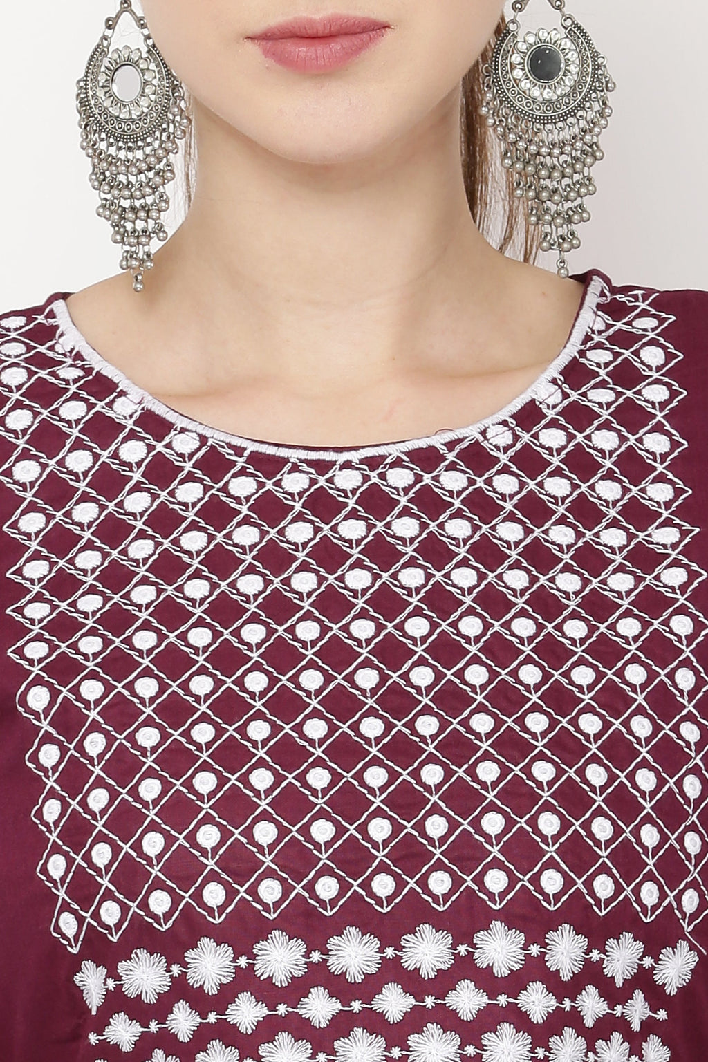 PAVONINE Wine Color Polka Dots Embroidery Dress For Women