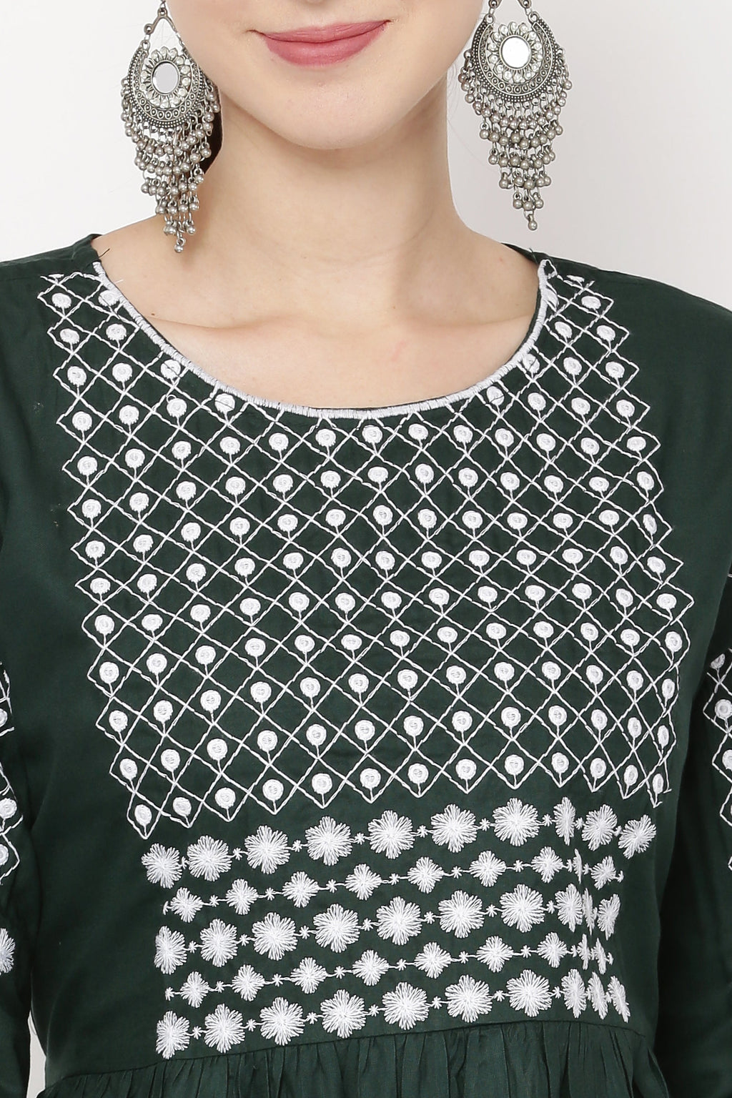 PAVONINE Bottle Green Color Polka Dots Embroidery Dress For Women