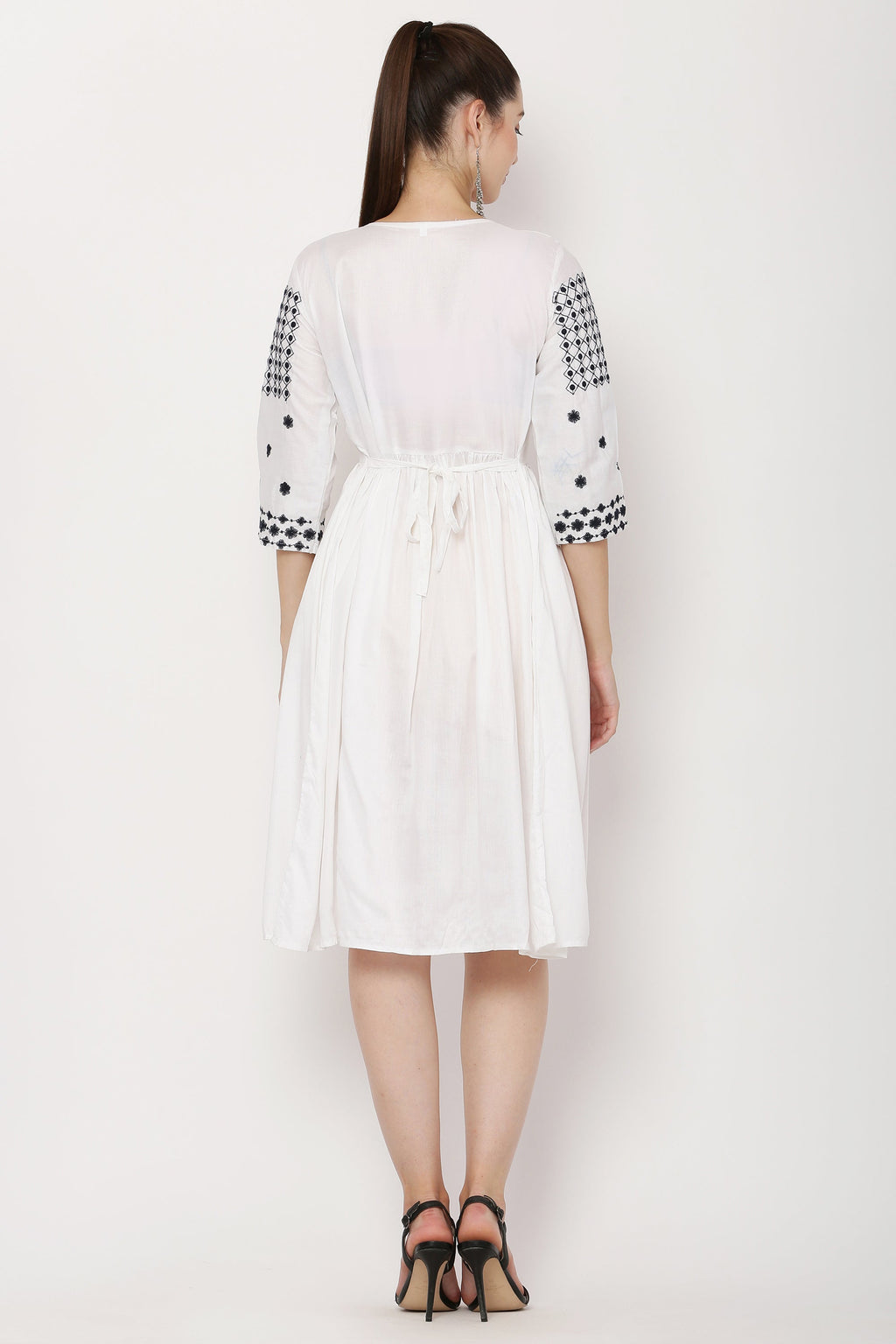 PAVONINE White Color Polka Dots Embroidery Dress For Women